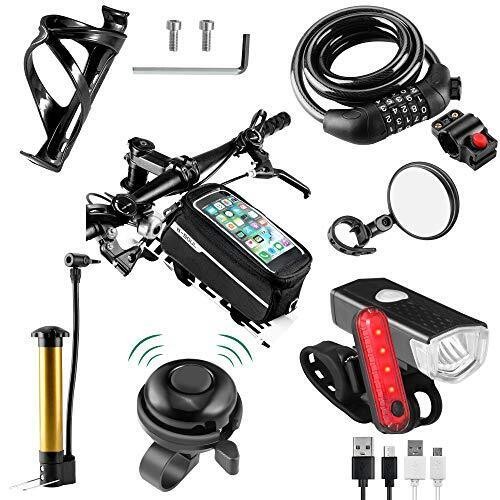 8 Pack Bicycle Accessories, Bike Light Set USB Rechargeable, 1 Bike Water Bottle Holder, Bike Bag and 1 Bike Aluminum Bicycle Bell,P
