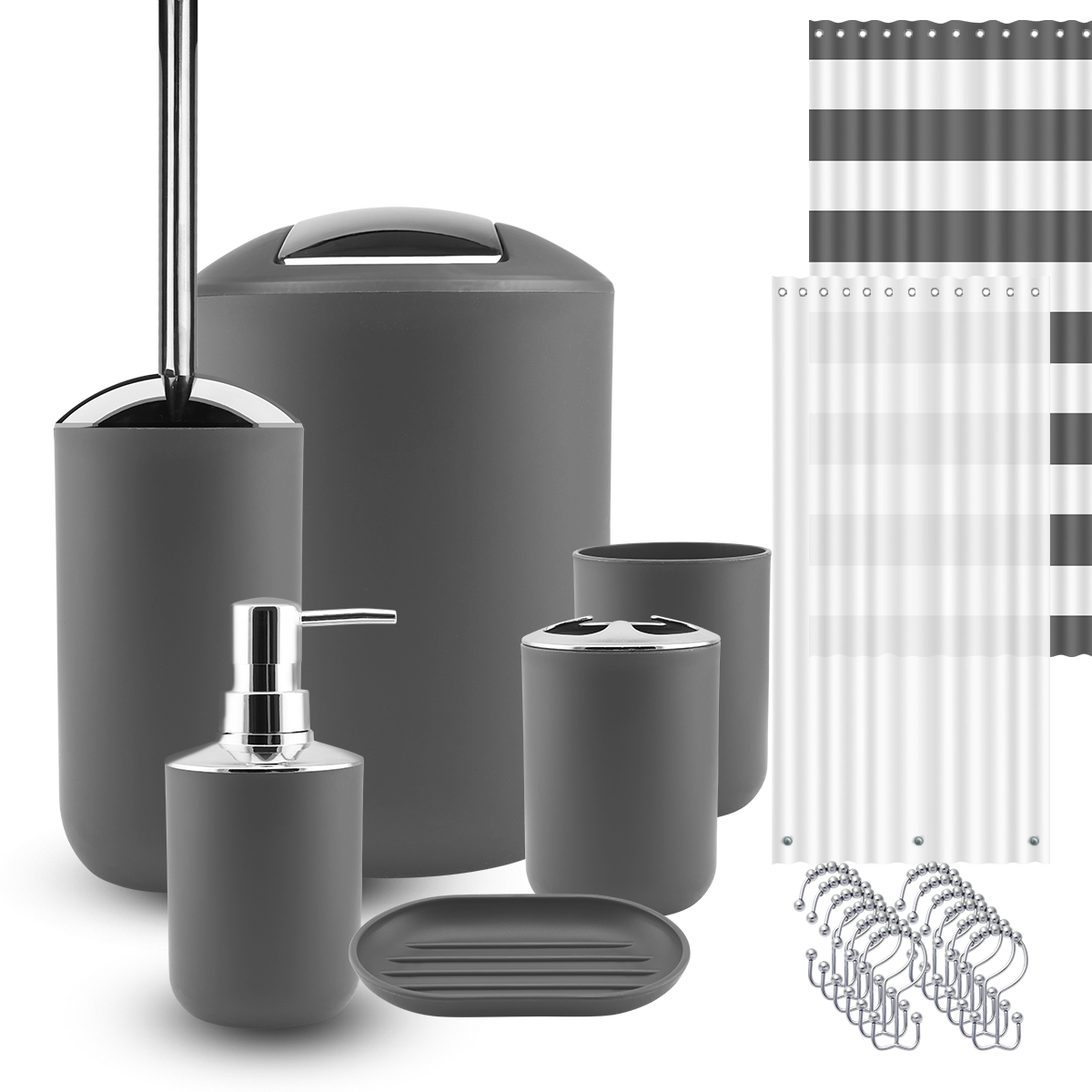 9 Piece Bathroom Accessories Set Soap Dish Shower Curtain Toilet Brush Trash Bin